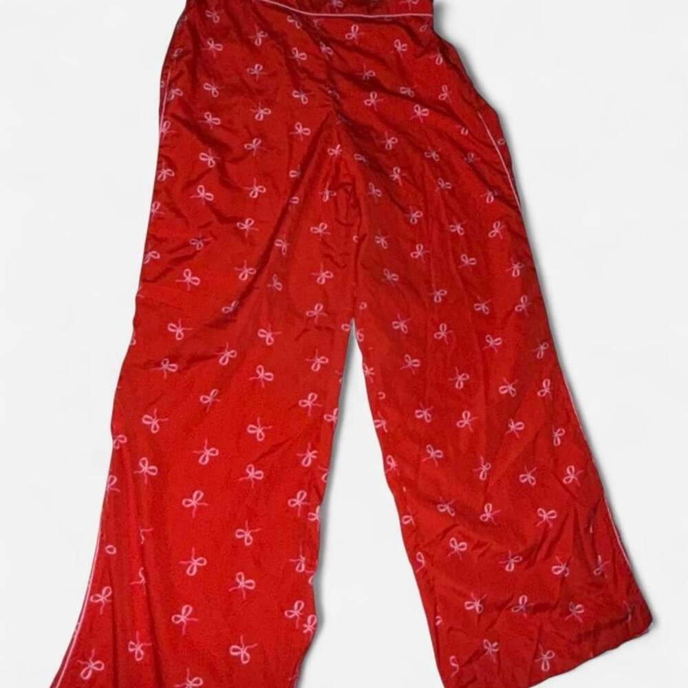 Shabby Chic Bow Print Satin Pajama Pants Size L Red Pink Lounge Coquette
